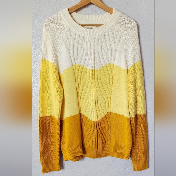 Venus Colorblock Yellow, Cream & Gold Cozy Cable Knit Sweater Size Large - Picture 6 of 9